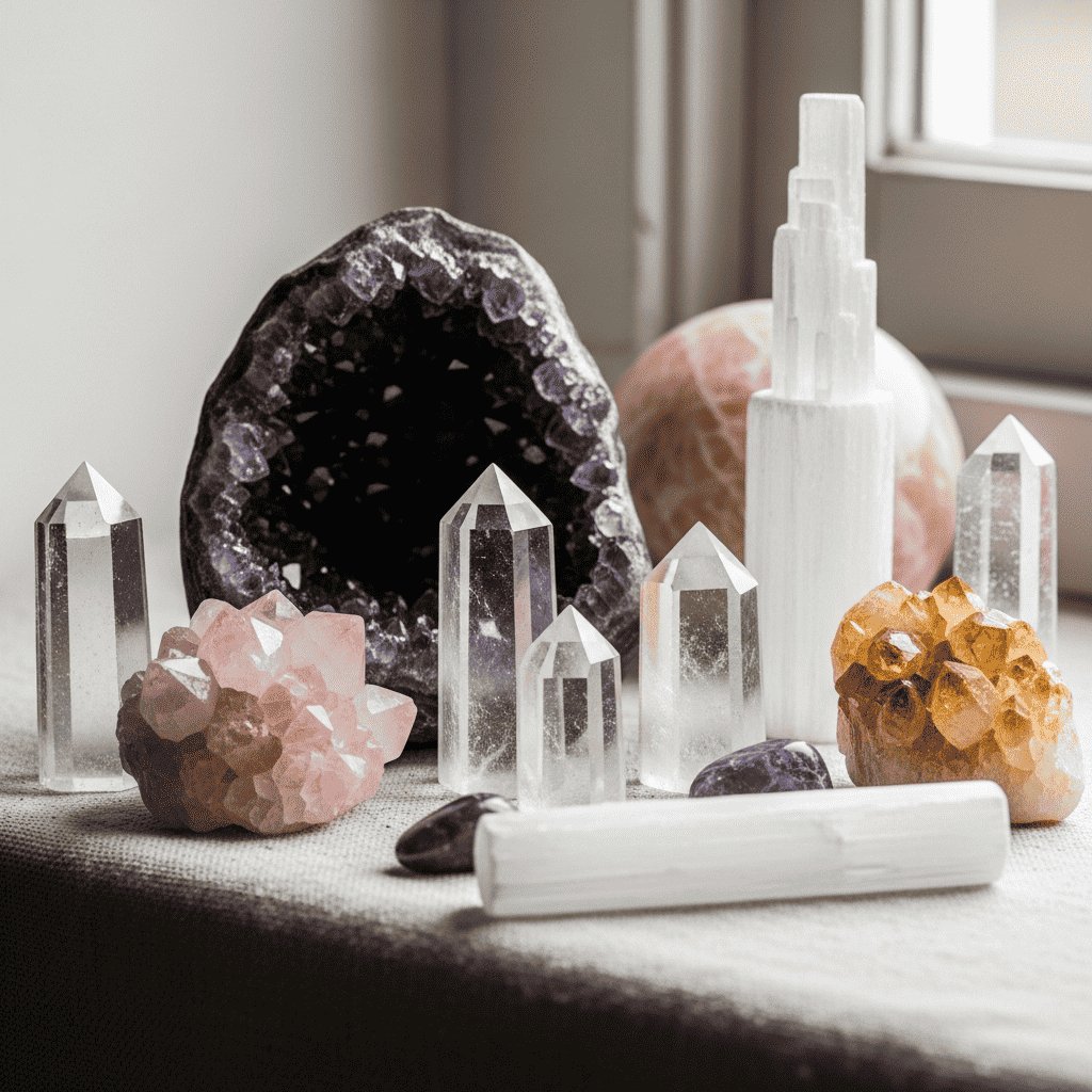 A still-life of healing crystals, amethyst geode, rose quartz, clear quartz points, citrine, and selenite arranged in soft light
