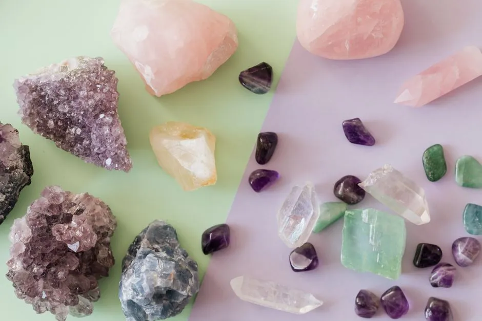 Close-up of an assortment of raw and polished crystals for inspection