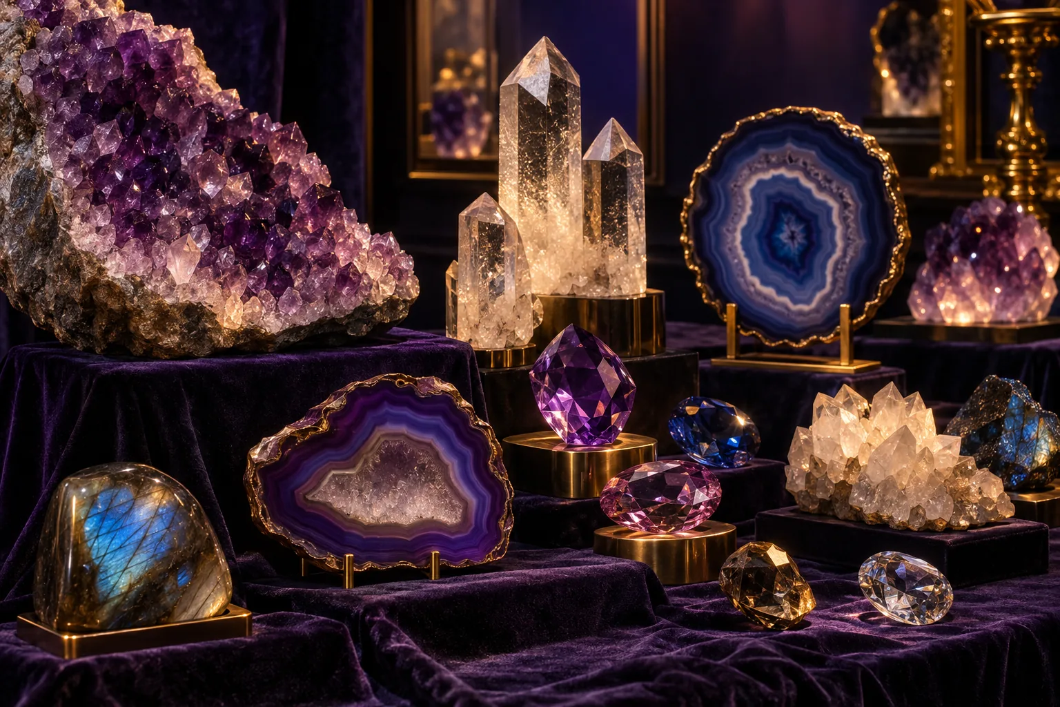 A cluster of pale violet and clear crystal points on a dark surface, lit from one side.