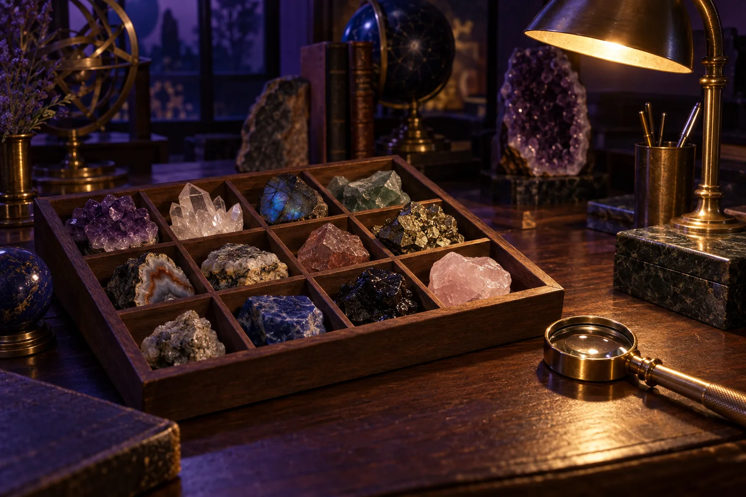 Specimen cases holding small mineral samples on a reference tray, viewed from above.